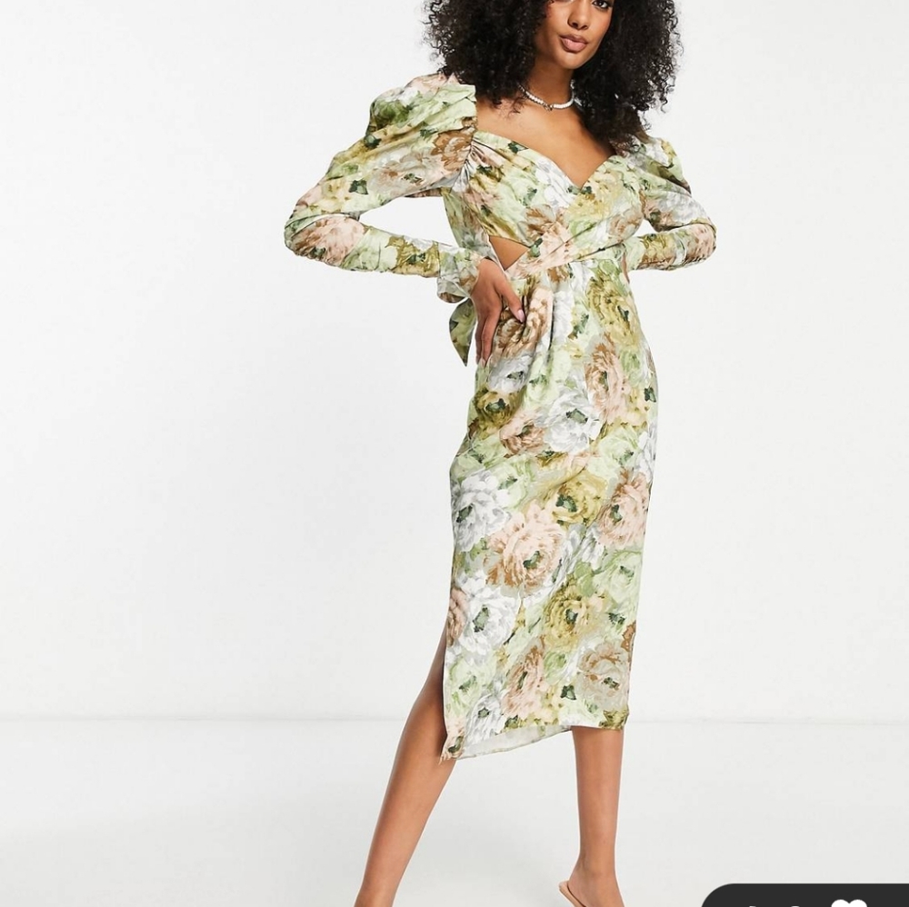 ASOS DESIGN ruched detail midi dress with wrap bodice in floral print